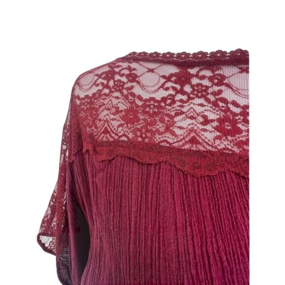 RARE Vintage Free People Burgundy Red Lace Trim Cinched Waist Boho Crepe Top - Picture 7 of 16